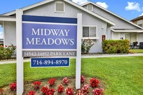 Midway City apartment for rent - A sign for Midway Meadows with a house in the background.