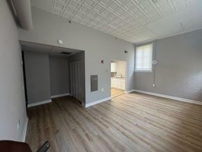 Baltimore apartment for rent - Representative Peabody Unit 104 living room with decorative ceiling and wood-look flooring.