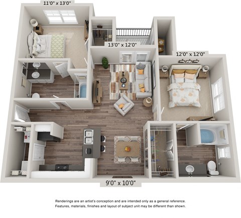 Floor plan for 2 beds, 2 baths, 1013 sqft