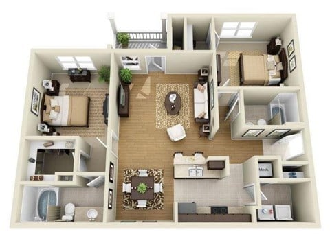 Floor plan for 2 beds, 2 baths, 1164 sqft