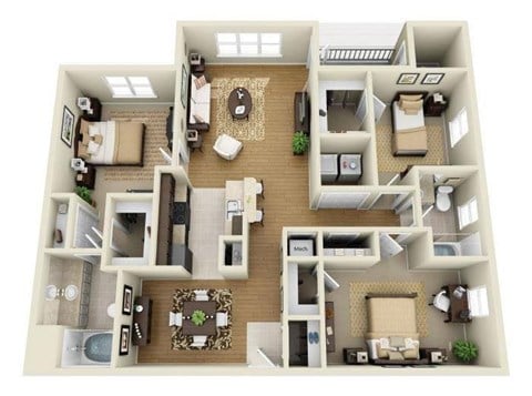 Floor plan for 3 beds, 2 baths, 1438 sqft