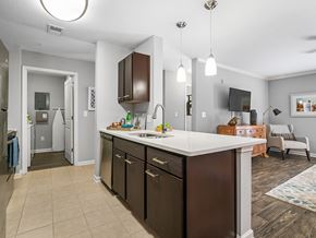 Summerville apartment for rent - A modern kitchen with dark brown cabinets and a white countertop.