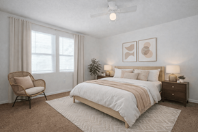 El Paso apartment for rent - A bedroom with a large bed, a chair, and a ceiling fan.