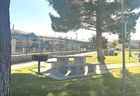 El Paso apartment for rent - A concrete picnic table is in the middle of a grassy area.