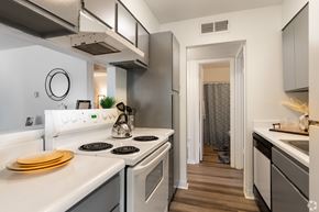 El Paso apartment for rent - A modern kitchen with white appliances and wooden floors.