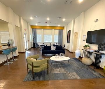 El Paso apartment for rent - A living room with a green armchair, a white coffee table, and a grey rug.