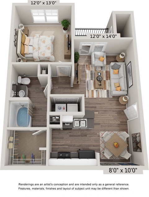 Floor plan for 1 bed, 1 bath, 727 sqft