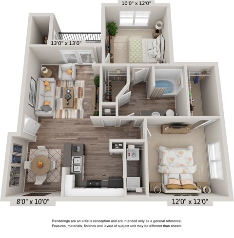 Floor plan for 2 beds, 1 bath, 905 sqft