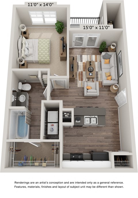 Floor plan for 1 bed, 1 bath, 633 sqft