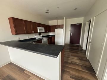 Minneapolis apartment for rent - A kitchen with brown cabinets and a black countertop.