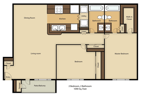 Floor plan for 2 beds, 2 baths, 1090 sqft