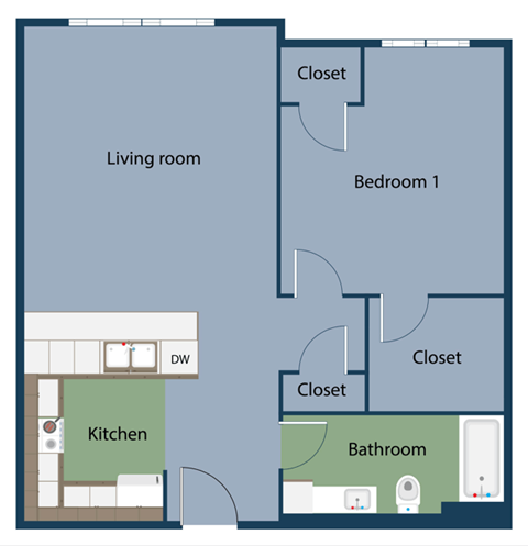 Floor plan for 1 bed, 1 bath, 621 sqft