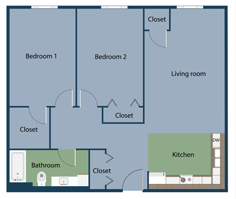 Floor plan for 2 beds, 1 bath, 886 sqft