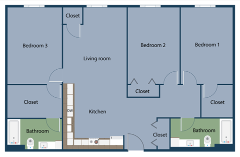 Floor plan for 3 beds, 2 baths, 1151 sqft