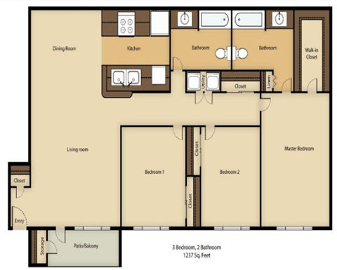 Floor plan for 3 beds, 2 baths, 1237 sqft