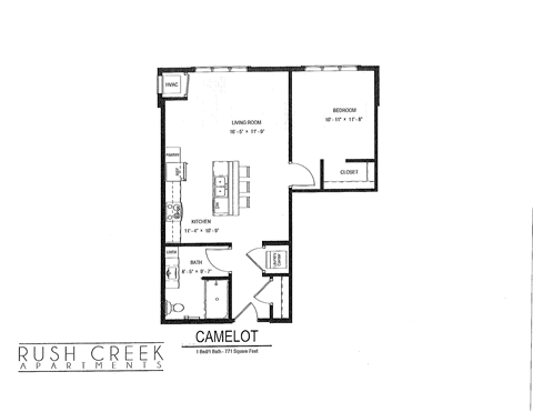 Floor plan for 1 bed, 1 bath, 771 sqft