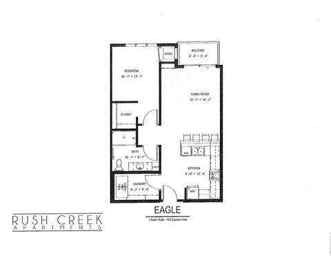 Floor plan for 1 bed, 1 bath, 763 sqft