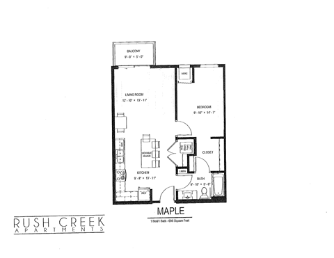 Floor plan for 1 bed, 1 bath, 696 sqft