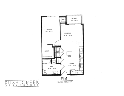 Floor plan for 1 bed, 1 bath, 763 sqft