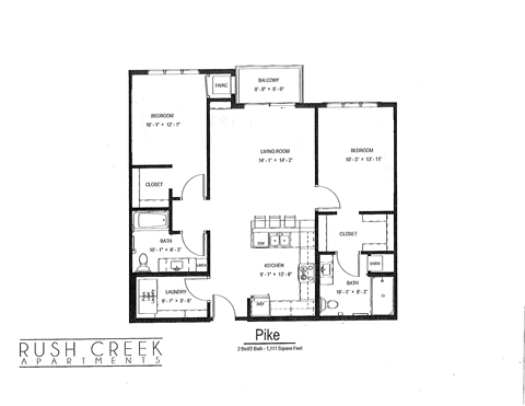 Floor plan for 2 beds, 2 baths, 1111 sqft