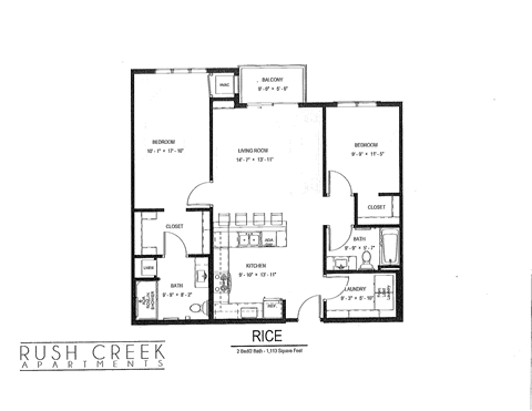 Floor plan for 2 beds, 2 baths, 1113 sqft