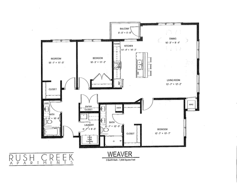 Floor plan for 3 beds, 2 baths, 1508 sqft