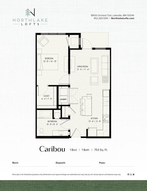 Floor plan for 1 bed, 1 bath, 753 sqft