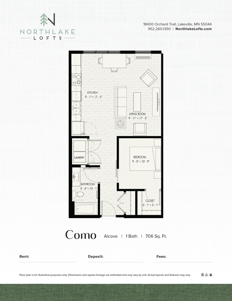 Floor plan for studio, 1 bath, 706 sqft