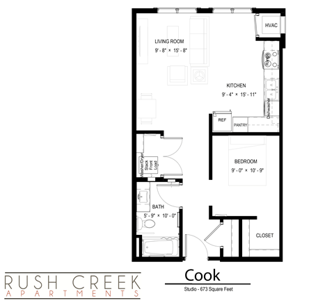 Floor plan for studio, 1 bath, 673 sqft
