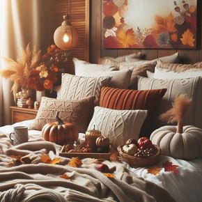 Lakeville apartment for rent - A cozy bedroom decorated for fall with a bed covered in a blanket, pillows, a tray with fruits, a basket, and a pumpkin.