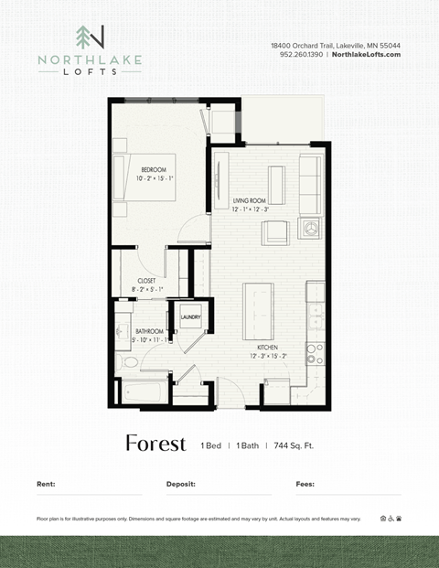 Floor plan for 1 bed, 1 bath, 744 sqft