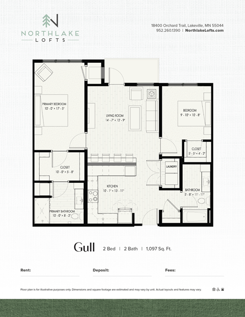 Floor plan for 2 beds, 2 baths, 1097 sqft