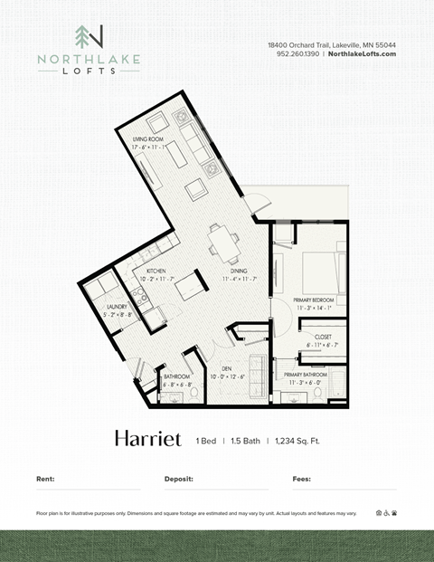 Floor plan for 1 bed, 2 baths, 1234 sqft