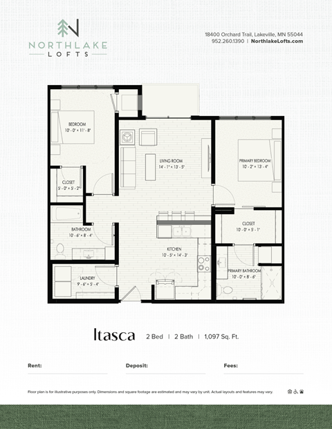 Floor plan for 2 beds, 2 baths, 1097 sqft