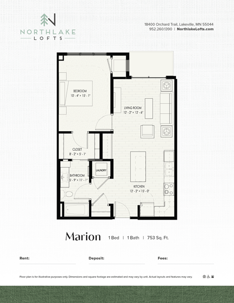 Floor plan for 1 bed, 1 bath, 753 sqft