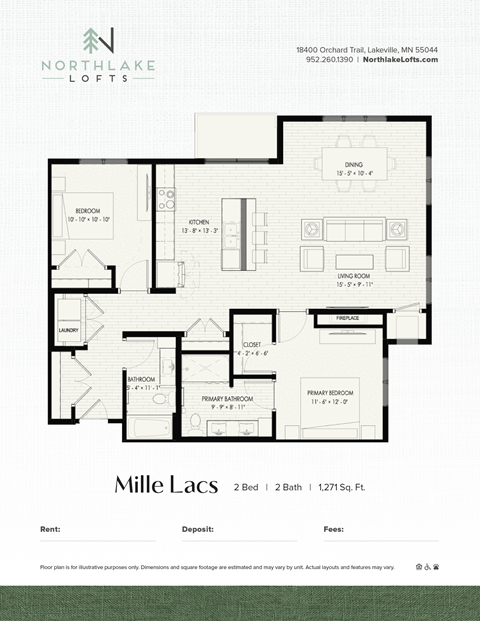 Floor plan for 2 beds, 2 baths, 1271 sqft