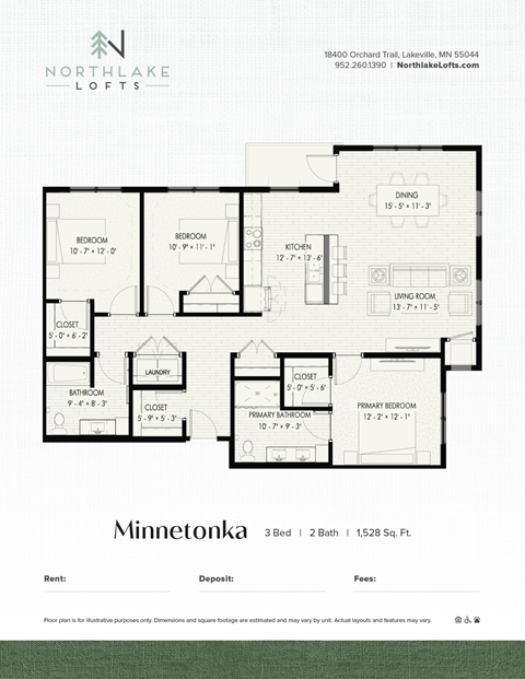 Floor plan for 3 beds, 2 baths, 1528 sqft