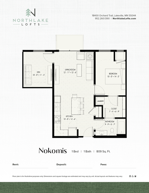 Floor plan for 1 bed, 1 bath, 809 sqft