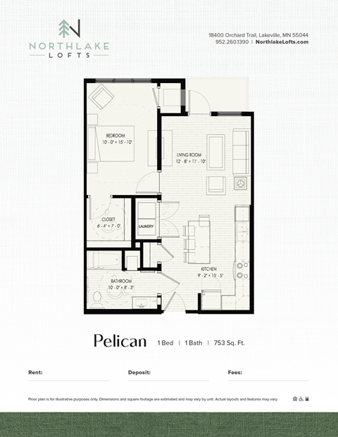 Floor plan for 1 bed, 1 bath, 753 sqft