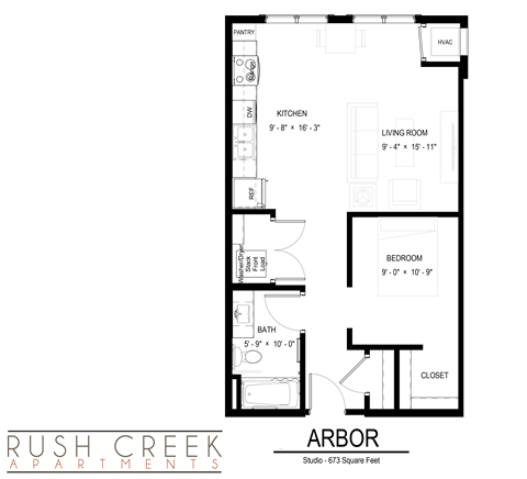 Floor plan for studio, 1 bath, 673 sqft