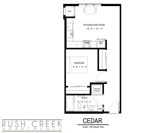 Floor plan for studio, 1 bath, 577 sqft