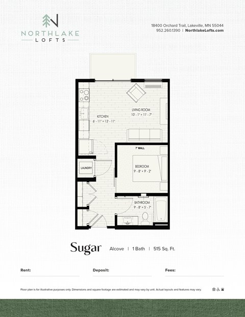 Floor plan for studio, 1 bath, 515 sqft