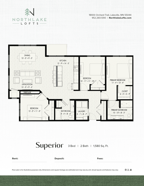 Floor plan for 3 beds, 2 baths, 1580 sqft