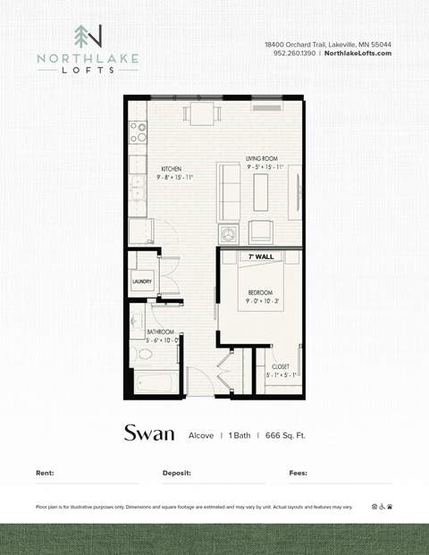 Floor plan for studio, 1 bath, 666 sqft