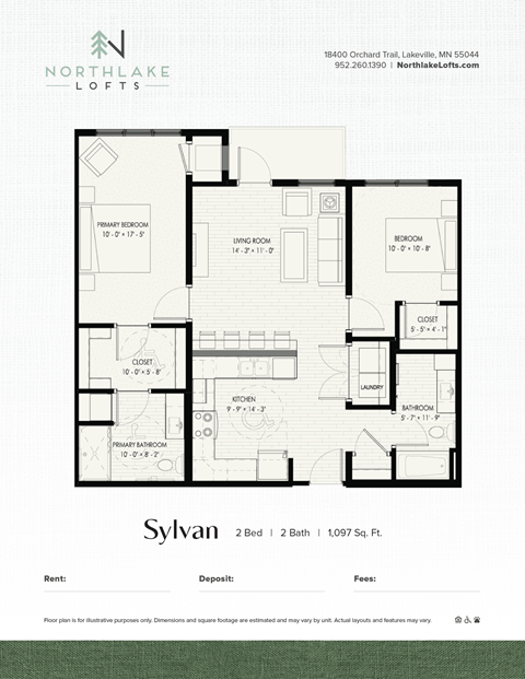 Floor plan for 2 beds, 2 baths, 1097 sqft