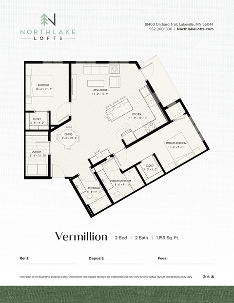 Floor plan for 2 beds, 2 baths, 1159 sqft
