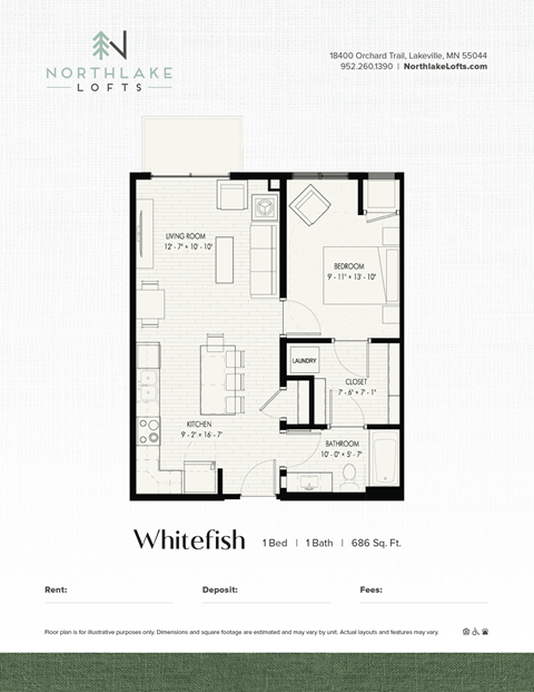 Floor plan for 1 bed, 1 bath, 686 sqft