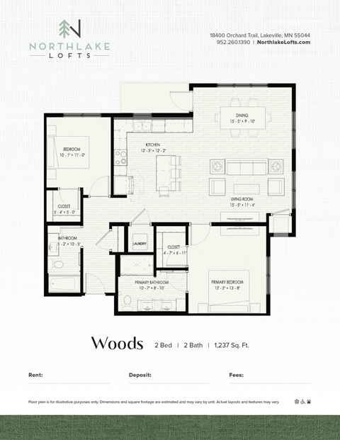 Floor plan for 2 beds, 2 baths, 1237 sqft