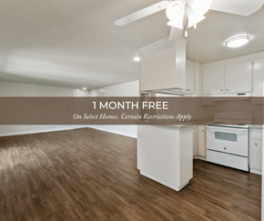 San Leandro apartment for rent - an open kitchen and living room with hardwood floors and a ceiling fan