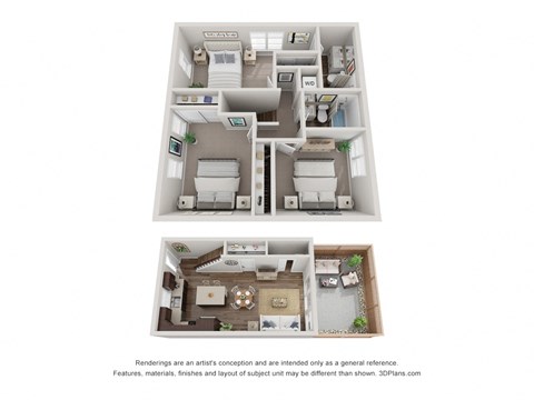 Floor plan for 3 beds, 2.5 baths, 1106 sqft